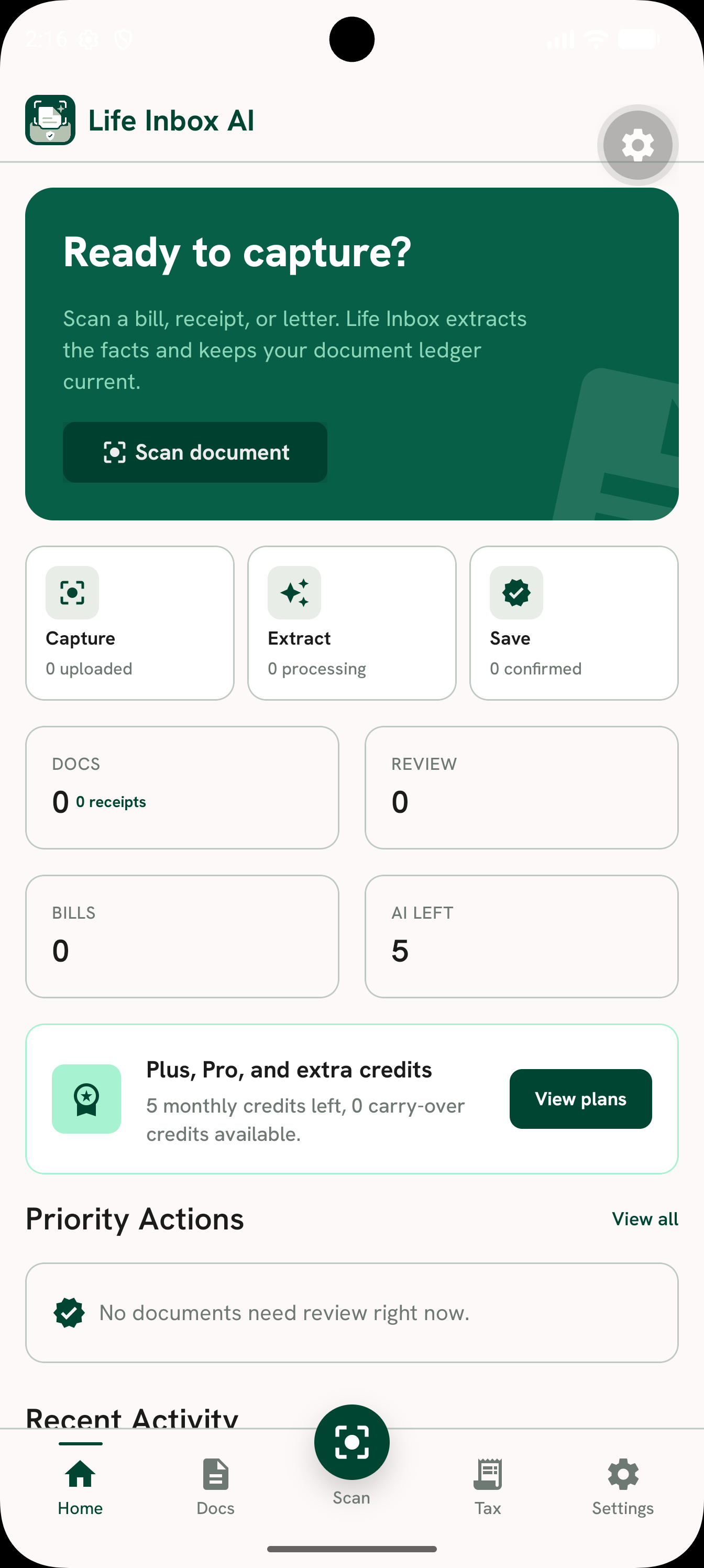 Life Inbox AI home screen showing capture, extract and save pipeline