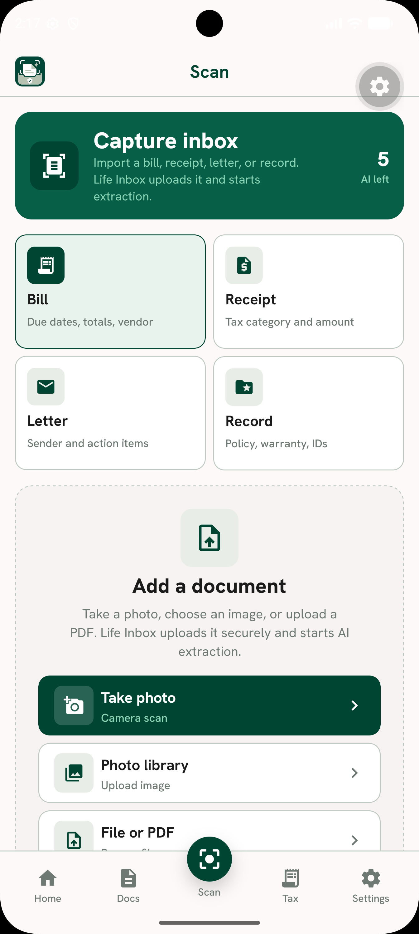Capture inbox screen with Bill, Receipt, Letter and Record types and options to take a photo, choose from library, or upload a PDF