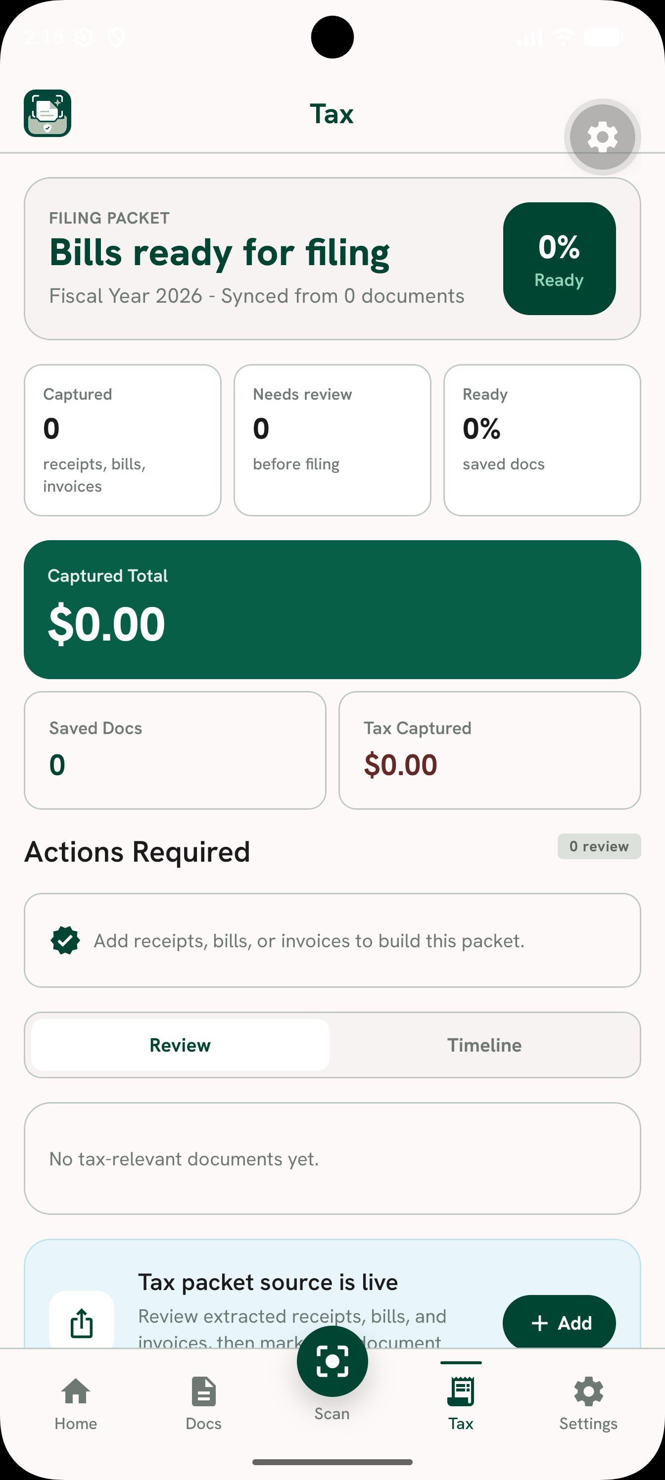 Tax screen with a filing packet card, captured total, tax captured, saved docs, needs-review counts, and Review and Timeline views